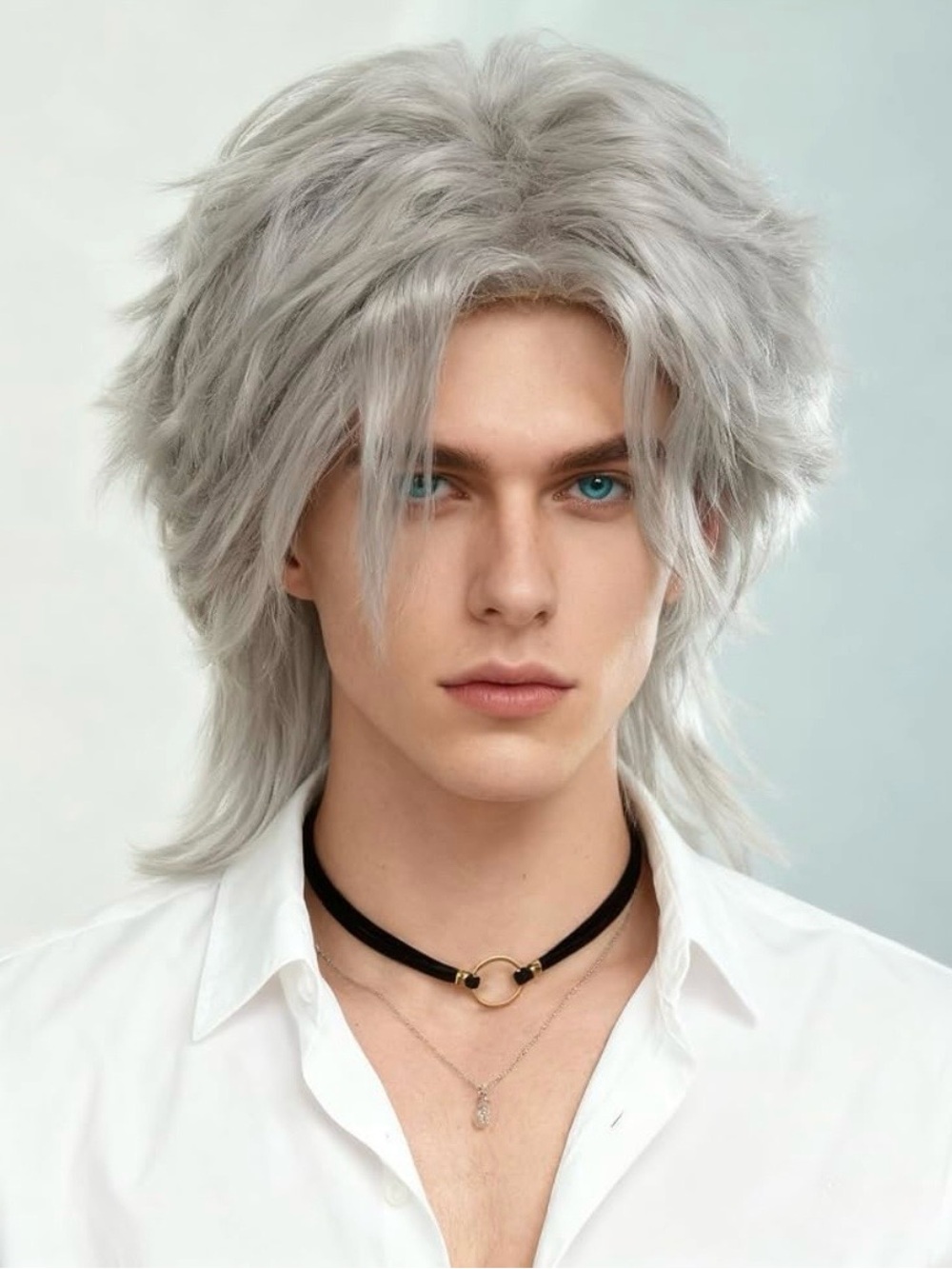 Men’s Silver Wavy Mid Length Synthetic Wig for Cosplay Costume NWOT